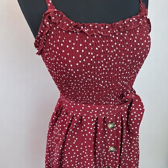 Women Floral Burgundy Ruffled Neckline Sundress - Picture 4 of 9